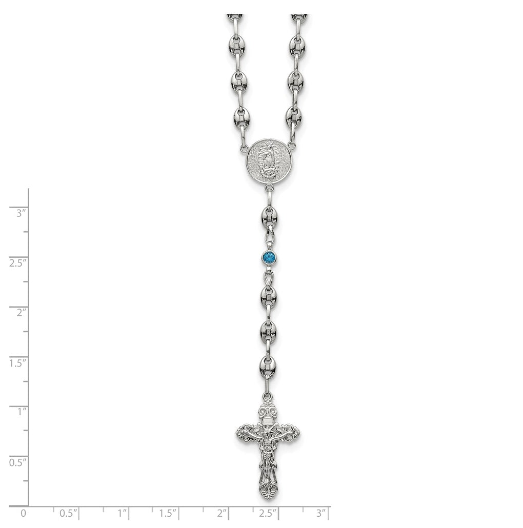 Stainless Steel with 925 Sterling Silver Polished Dark Pink Cubic Zirconia 21in INRI Rosary Necklace – Elegant Jewelry Gift for Birthday, Anniversary, Engagement, Wedding