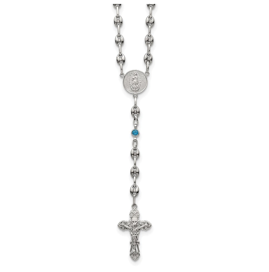 Stainless Steel with 925 Sterling Silver Polished Dark Pink Cubic Zirconia 21in INRI Rosary Necklace – Elegant Jewelry Gift for Birthday, Anniversary, Engagement, Wedding