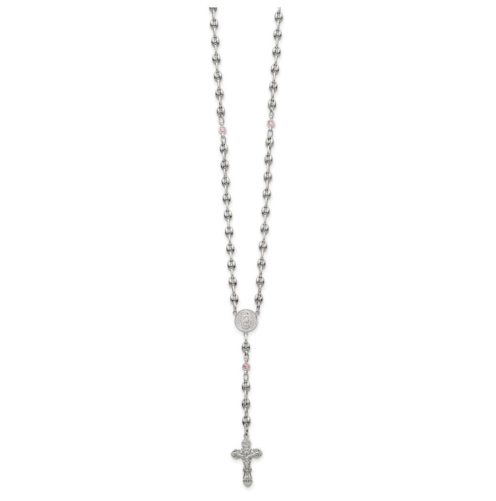 Stainless Steel with 925 Sterling Silver Polished Dark Pink Cubic Zirconia 21in INRI Rosary Necklace – Elegant Jewelry Gift for Birthday, Anniversary, Engagement, Wedding