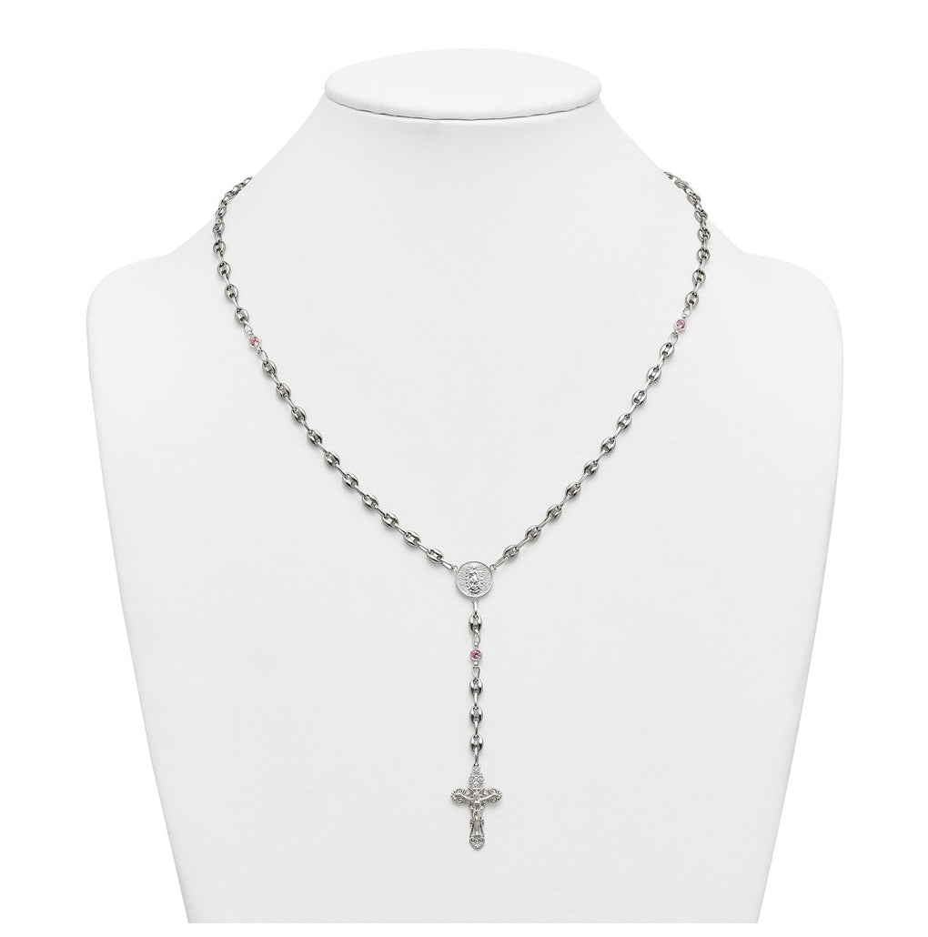 Stainless Steel with 925 Sterling Silver Polished Dark Pink Cubic Zirconia 21in INRI Rosary Necklace – Elegant Jewelry Gift for Birthday, Anniversary, Engagement, Wedding
