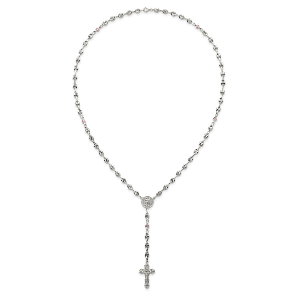 Stainless Steel with 925 Sterling Silver Polished Dark Pink Cubic Zirconia 21in INRI Rosary Necklace – Elegant Jewelry Gift for Birthday, Anniversary, Engagement, Wedding