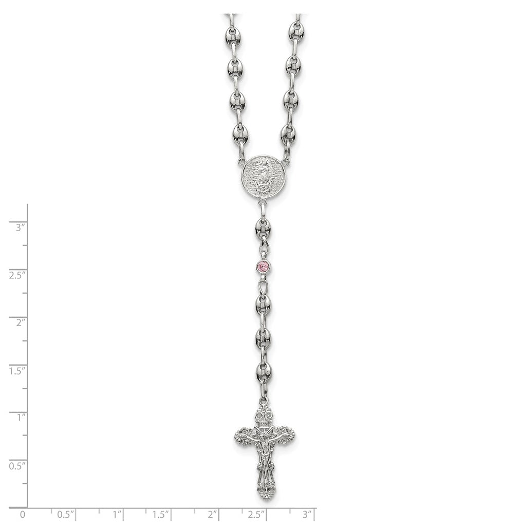 Stainless Steel with 925 Sterling Silver Polished Dark Pink Cubic Zirconia 21in INRI Rosary Necklace – Elegant Jewelry Gift for Birthday, Anniversary, Engagement, Wedding