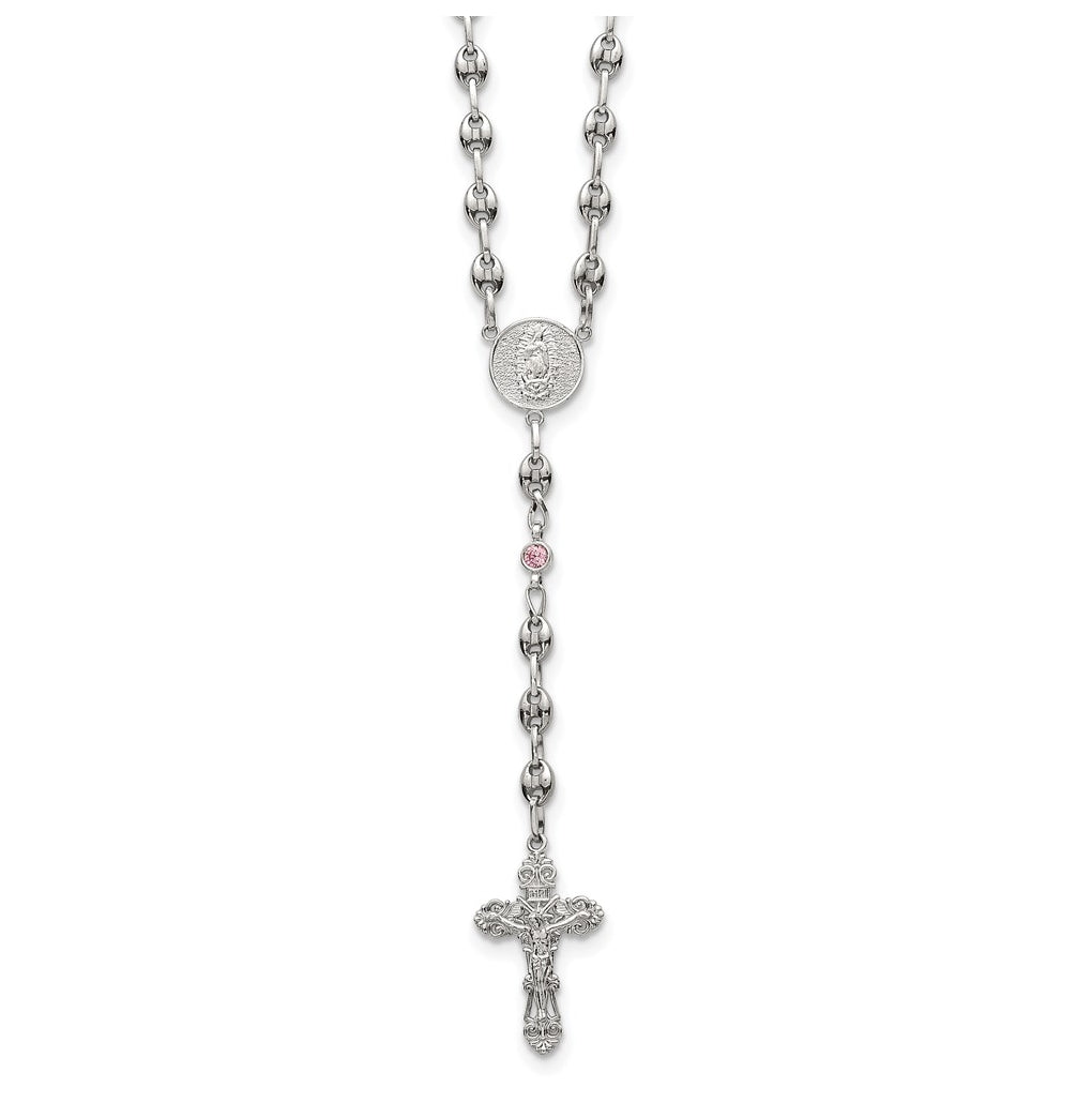 Stainless Steel with 925 Sterling Silver Polished Dark Pink Cubic Zirconia 21in INRI Rosary Necklace – Elegant Jewelry Gift for Birthday, Anniversary, Engagement, Wedding