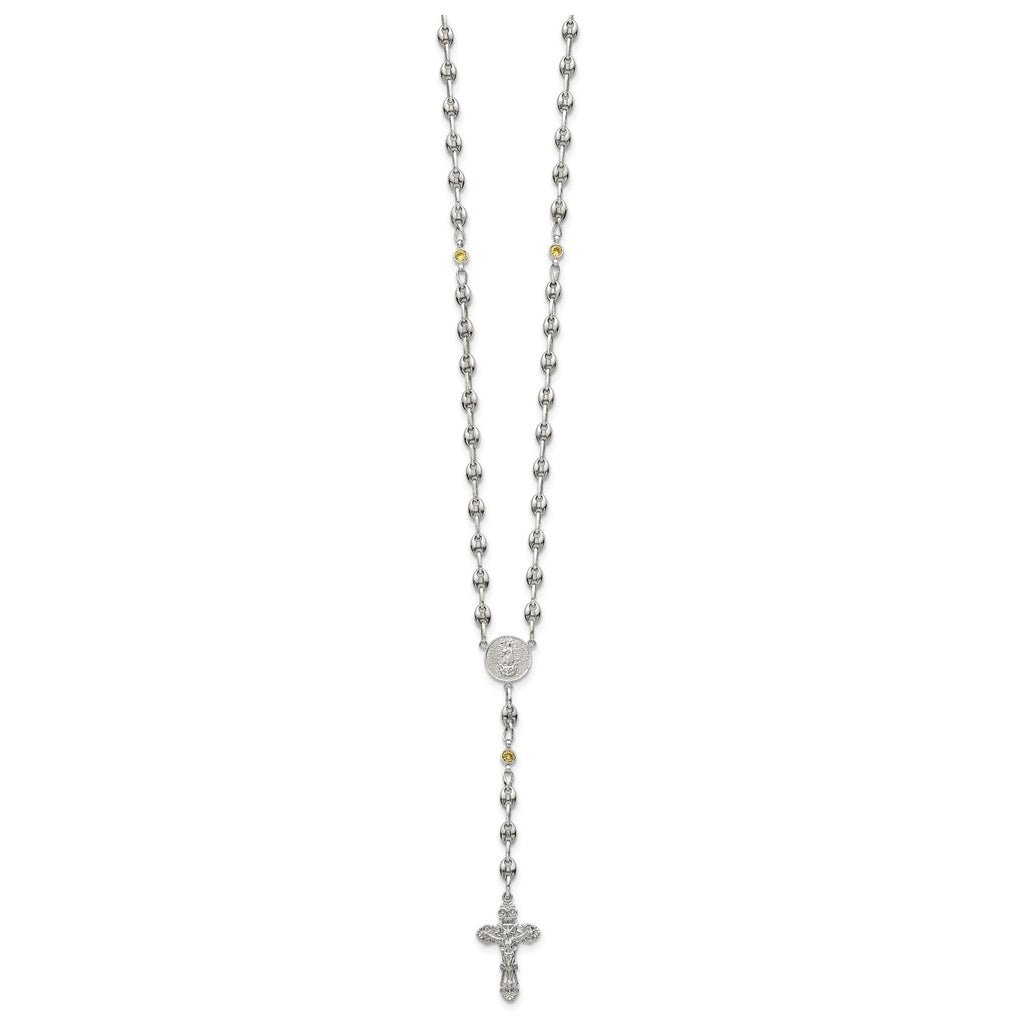 Stainless Steel with 925 Sterling Silver Polished Dark Pink Cubic Zirconia 21in INRI Rosary Necklace – Elegant Jewelry Gift for Birthday, Anniversary, Engagement, Wedding