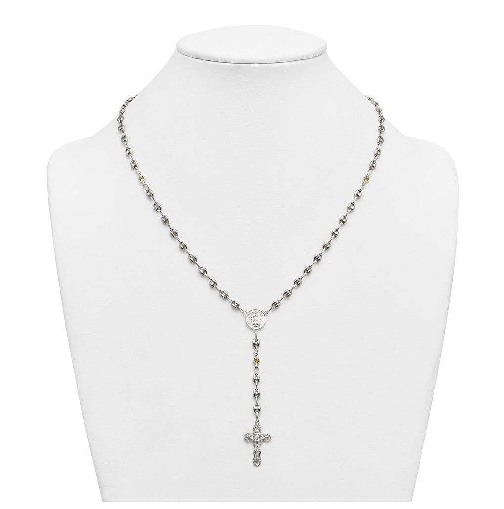 Stainless Steel with 925 Sterling Silver Polished Dark Pink Cubic Zirconia 21in INRI Rosary Necklace – Elegant Jewelry Gift for Birthday, Anniversary, Engagement, Wedding