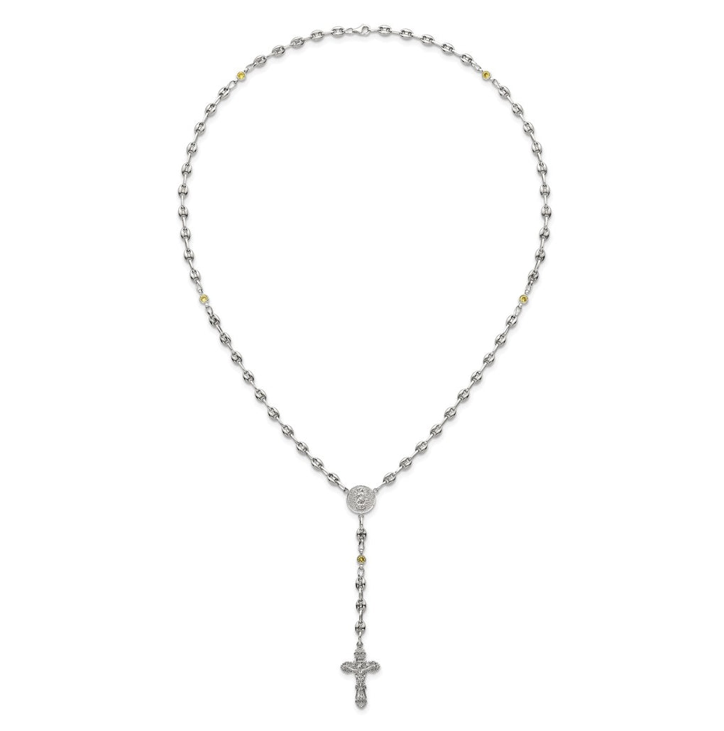 Stainless Steel with 925 Sterling Silver Polished Dark Pink Cubic Zirconia 21in INRI Rosary Necklace – Elegant Jewelry Gift for Birthday, Anniversary, Engagement, Wedding