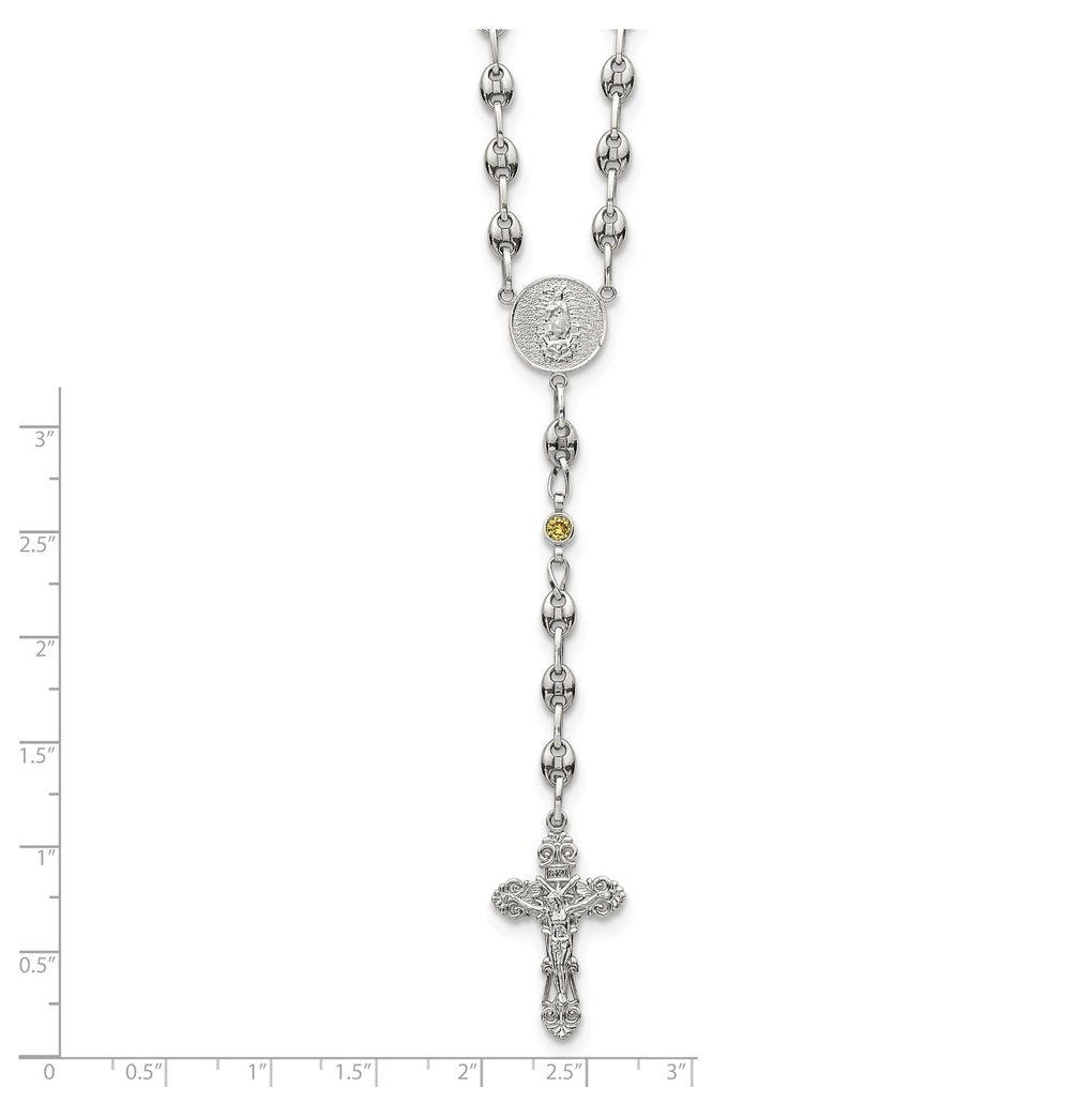 Stainless Steel with 925 Sterling Silver Polished Dark Pink Cubic Zirconia 21in INRI Rosary Necklace – Elegant Jewelry Gift for Birthday, Anniversary, Engagement, Wedding