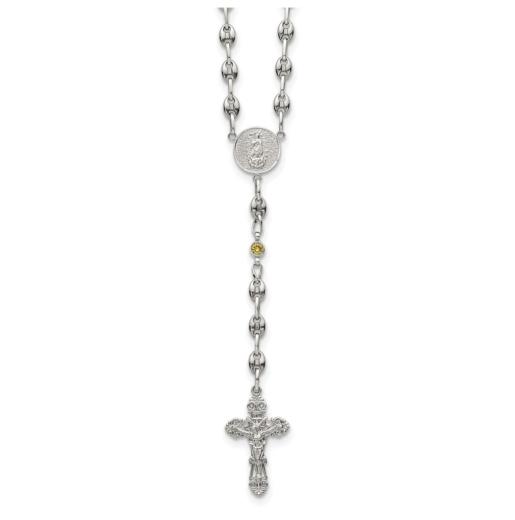 Stainless Steel with 925 Sterling Silver Polished Dark Pink Cubic Zirconia 21in INRI Rosary Necklace – Elegant Jewelry Gift for Birthday, Anniversary, Engagement, Wedding