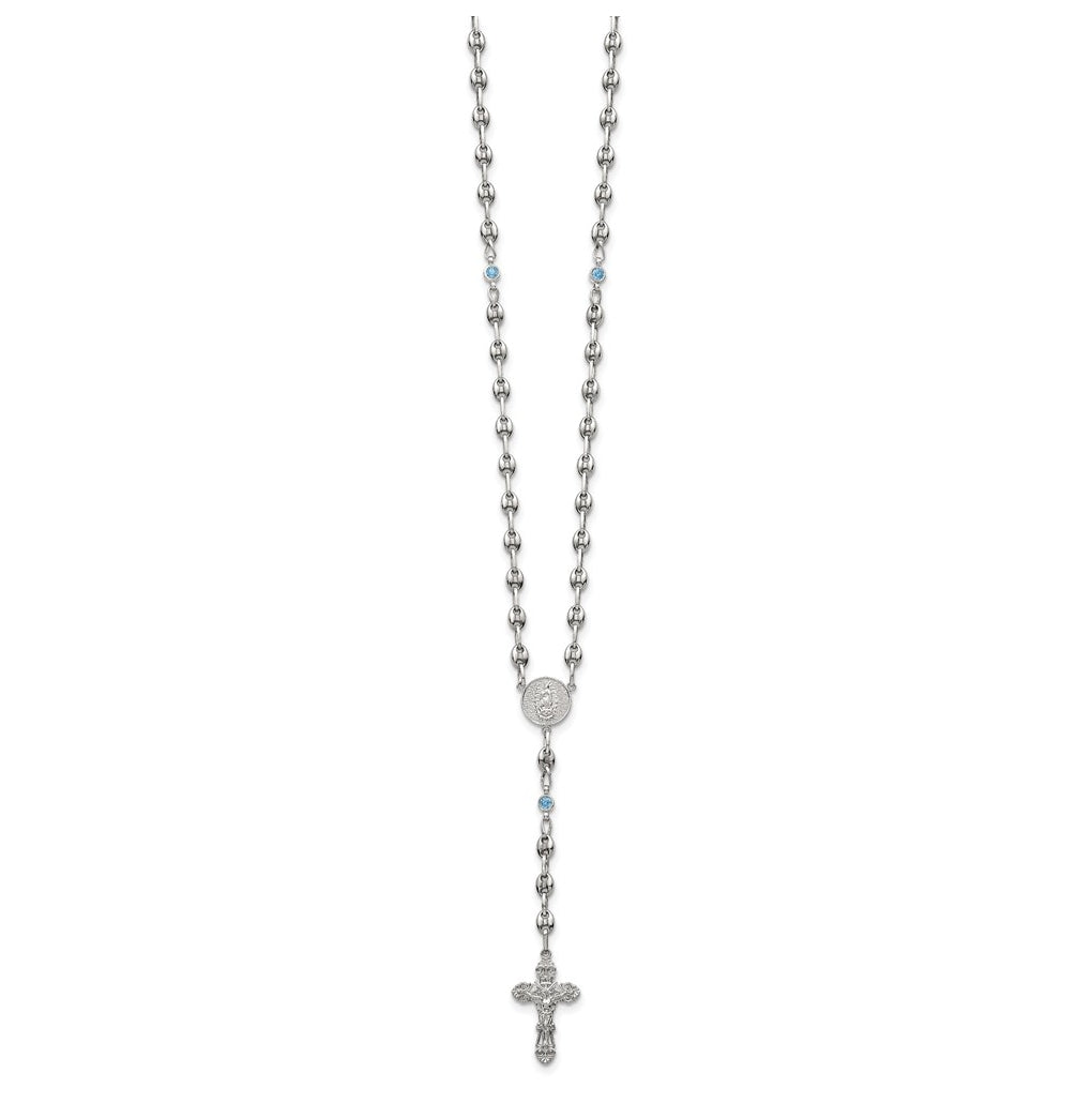 Stainless Steel with 925 Sterling Silver Polished Dark Pink Cubic Zirconia 21in INRI Rosary Necklace – Elegant Jewelry Gift for Birthday, Anniversary, Engagement, Wedding