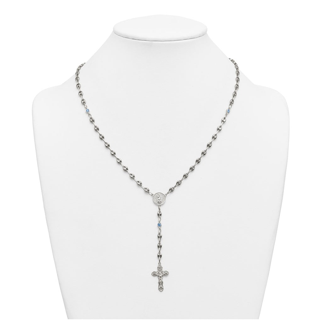 Stainless Steel with 925 Sterling Silver Polished Dark Pink Cubic Zirconia 21in INRI Rosary Necklace – Elegant Jewelry Gift for Birthday, Anniversary, Engagement, Wedding