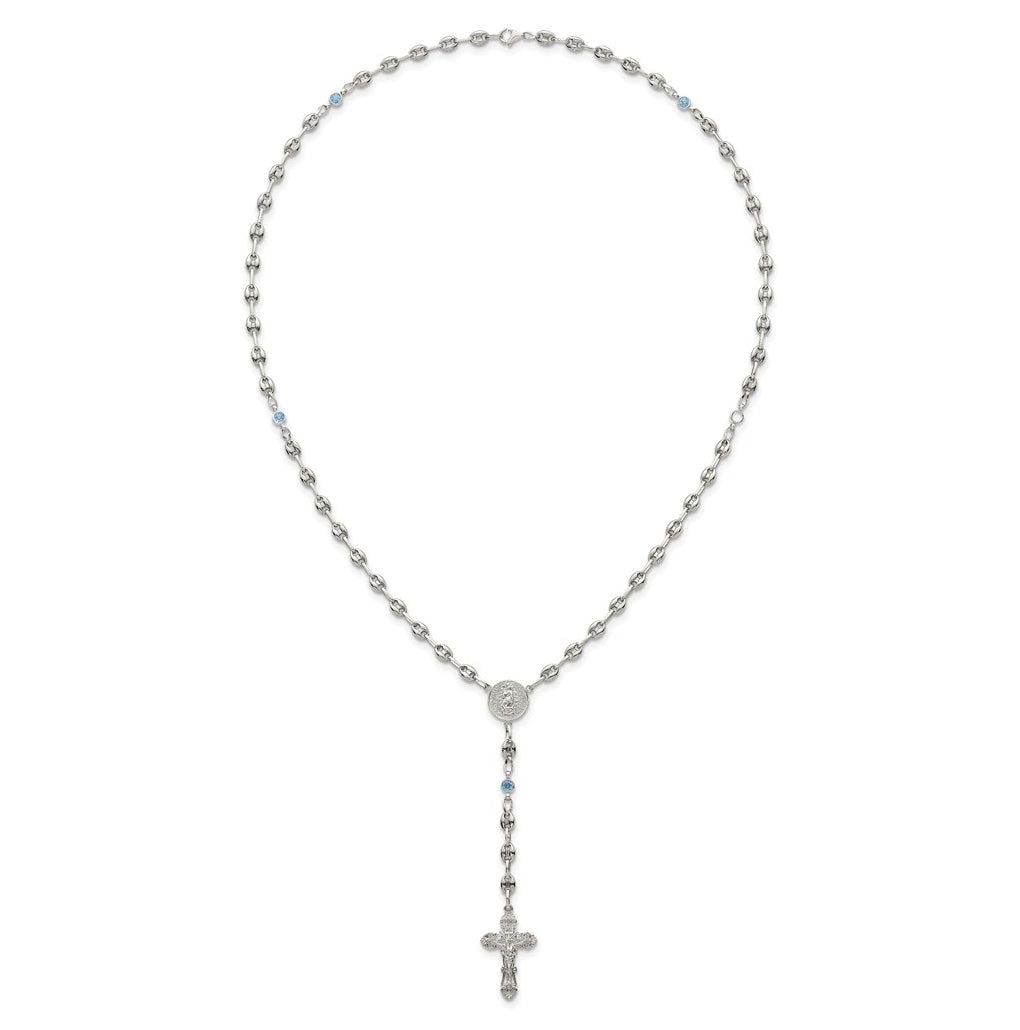 Stainless Steel with 925 Sterling Silver Polished Dark Pink Cubic Zirconia 21in INRI Rosary Necklace – Elegant Jewelry Gift for Birthday, Anniversary, Engagement, Wedding