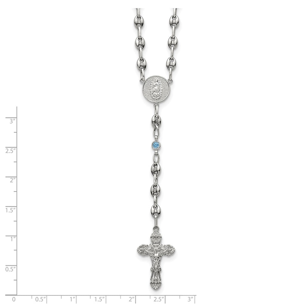 Stainless Steel with 925 Sterling Silver Polished Dark Pink Cubic Zirconia 21in INRI Rosary Necklace – Elegant Jewelry Gift for Birthday, Anniversary, Engagement, Wedding