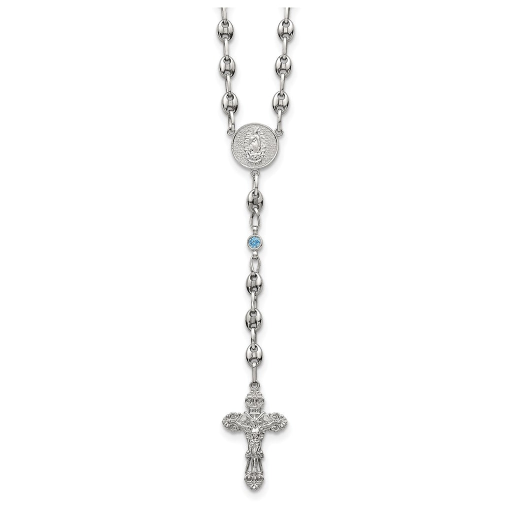 Stainless Steel with 925 Sterling Silver Polished Dark Pink Cubic Zirconia 21in INRI Rosary Necklace – Elegant Jewelry Gift for Birthday, Anniversary, Engagement, Wedding