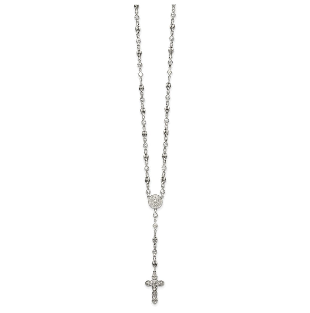Stainless Steel with 925 Sterling Silver Polished Cubic Zirconia 22in INRI Rosary Necklace – Elegant Jewelry Gift for Birthday, Anniversary, Engagement, Wedding