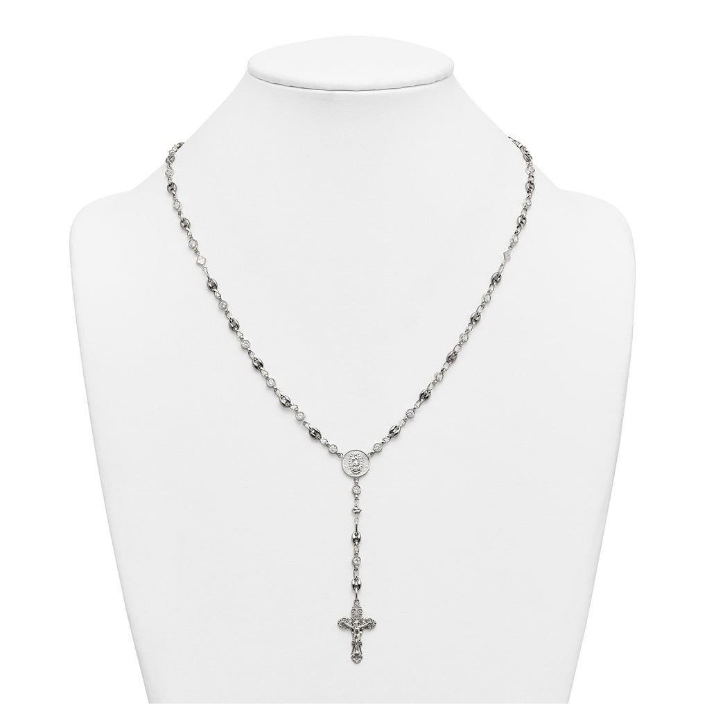Stainless Steel with 925 Sterling Silver Polished Cubic Zirconia 22in INRI Rosary Necklace – Elegant Jewelry Gift for Birthday, Anniversary, Engagement, Wedding