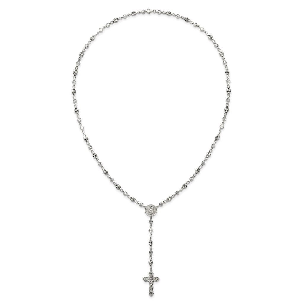 Stainless Steel with 925 Sterling Silver Polished Cubic Zirconia 22in INRI Rosary Necklace – Elegant Jewelry Gift for Birthday, Anniversary, Engagement, Wedding