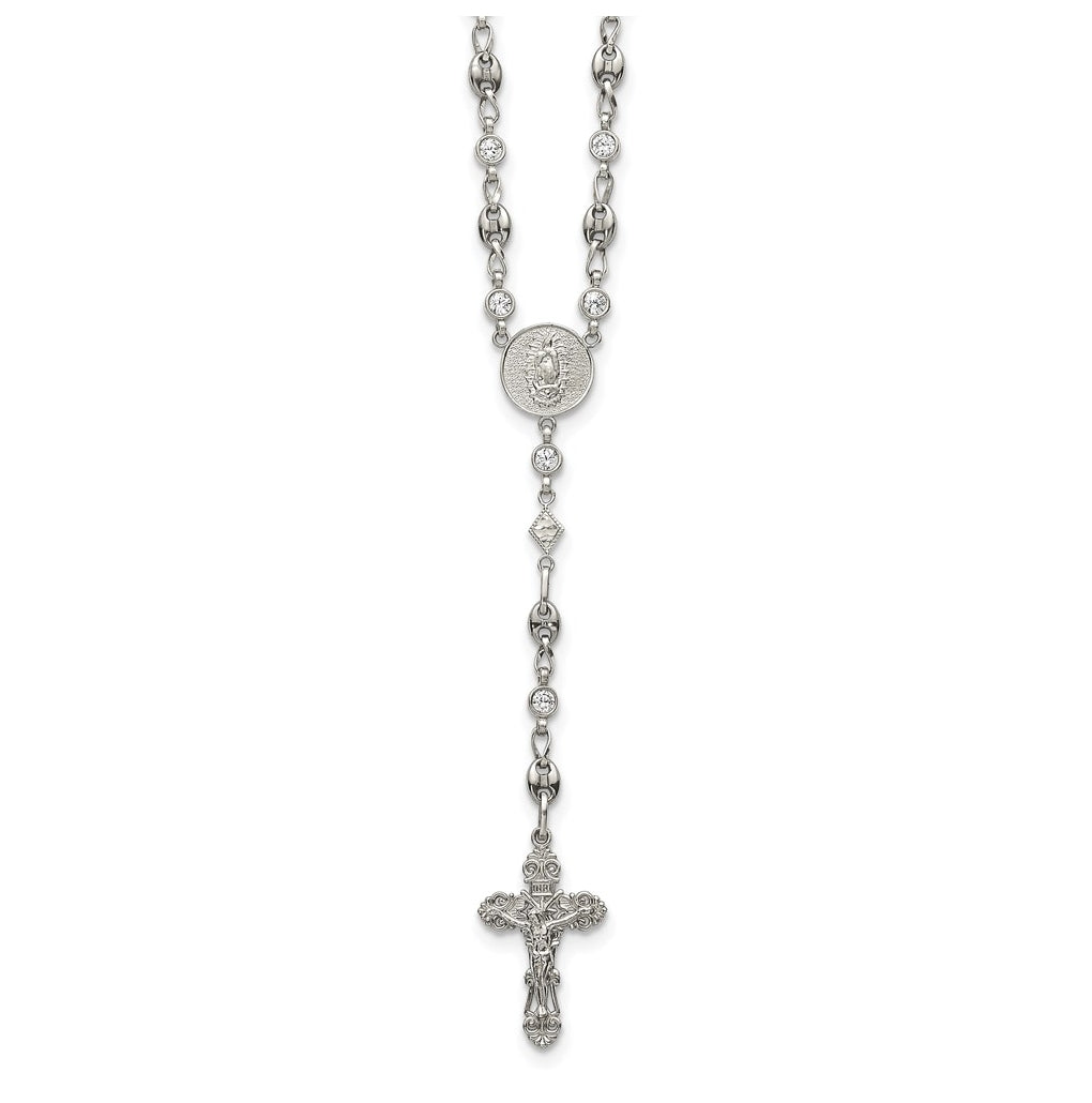 Stainless Steel with 925 Sterling Silver Polished Cubic Zirconia 22in INRI Rosary Necklace – Elegant Jewelry Gift for Birthday, Anniversary, Engagement, Wedding