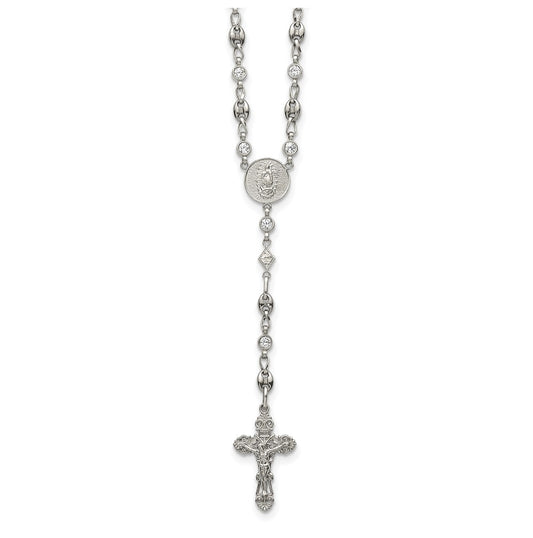 Stainless Steel with 925 Sterling Silver Polished Cubic Zirconia 22in INRI Rosary Necklace – Elegant Jewelry Gift for Birthday, Anniversary, Engagement, Wedding