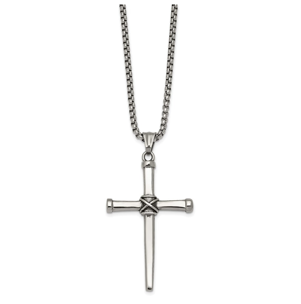 Stainless Steel Antiqued and Polished 24in Cross Necklace – Elegant Jewelry Gift for Birthday, Anniversary, Engagement, Wedding