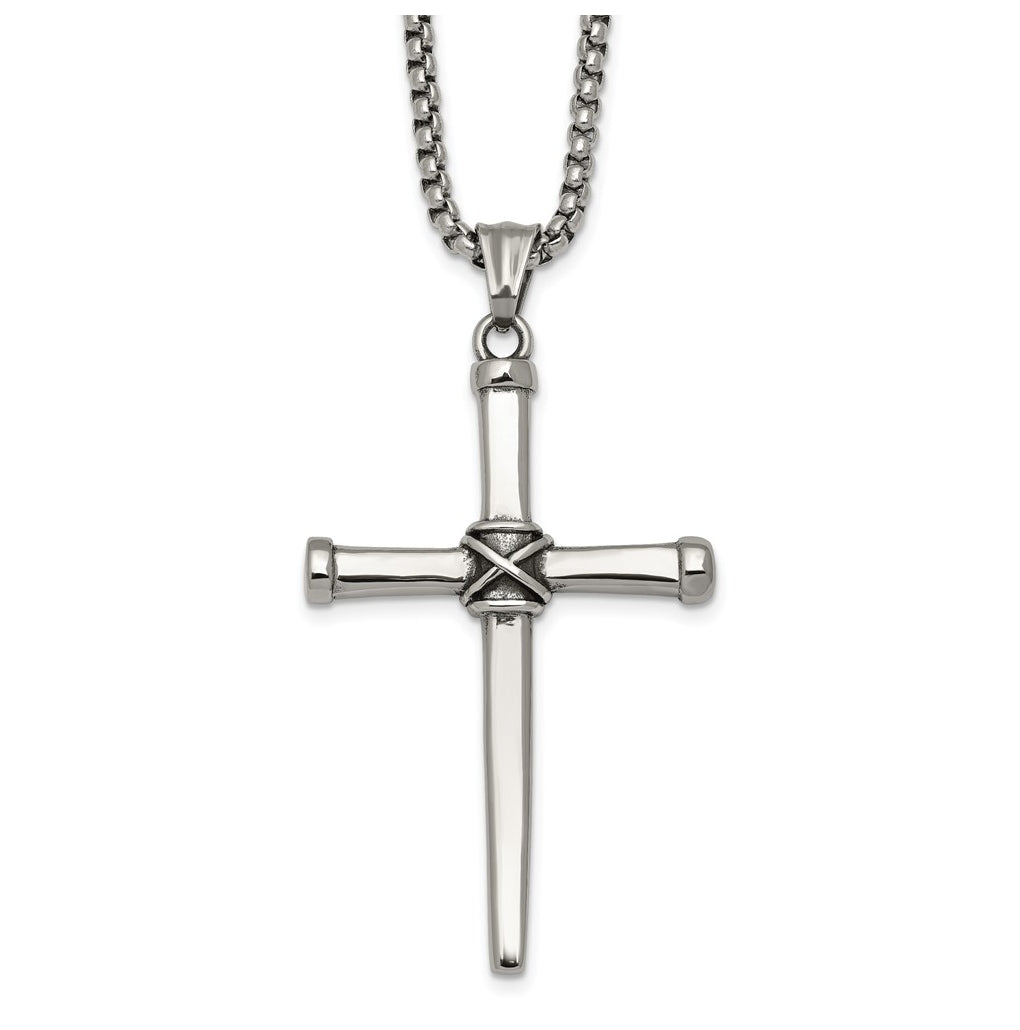 Stainless Steel Antiqued and Polished 24in Cross Necklace – Elegant Jewelry Gift for Birthday, Anniversary, Engagement, Wedding