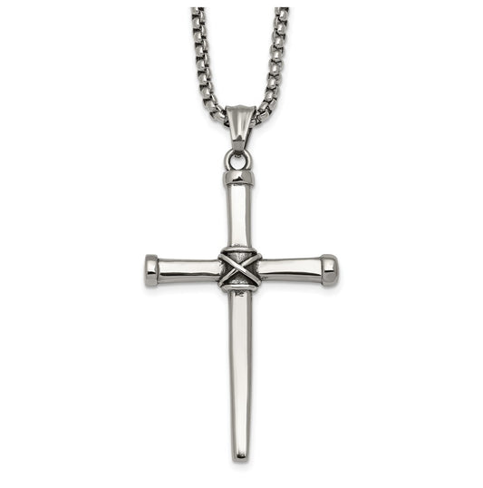 Stainless Steel Antiqued and Polished 24in Cross Necklace – Elegant Jewelry Gift for Birthday, Anniversary, Engagement, Wedding