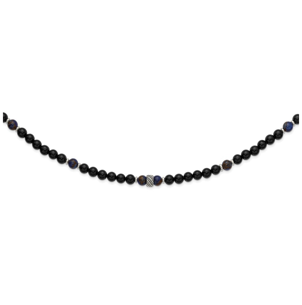 Stainless Steel Polished Antiq Blue Gold/Black Onyx Bead 22in Necklace – Elegant Jewelry Gift for Birthday, Anniversary, Engagement, Wedding