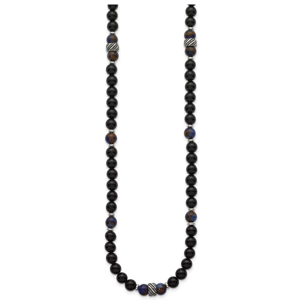 Stainless Steel Polished Antiq Blue Gold/Black Onyx Bead 22in Necklace – Elegant Jewelry Gift for Birthday, Anniversary, Engagement, Wedding