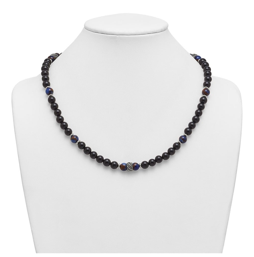 Stainless Steel Polished Antiq Blue Gold/Black Onyx Bead 22in Necklace – Elegant Jewelry Gift for Birthday, Anniversary, Engagement, Wedding