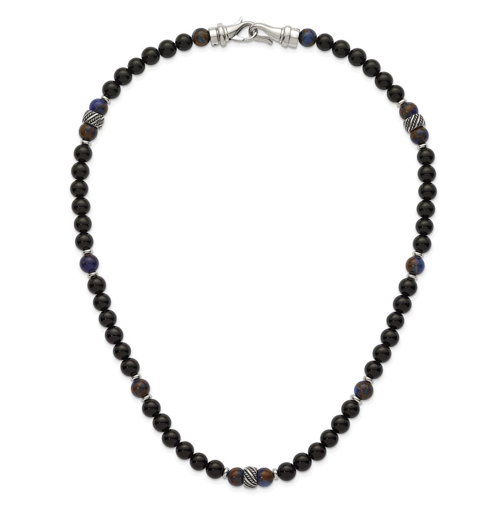 Stainless Steel Polished Antiq Blue Gold/Black Onyx Bead 22in Necklace – Elegant Jewelry Gift for Birthday, Anniversary, Engagement, Wedding