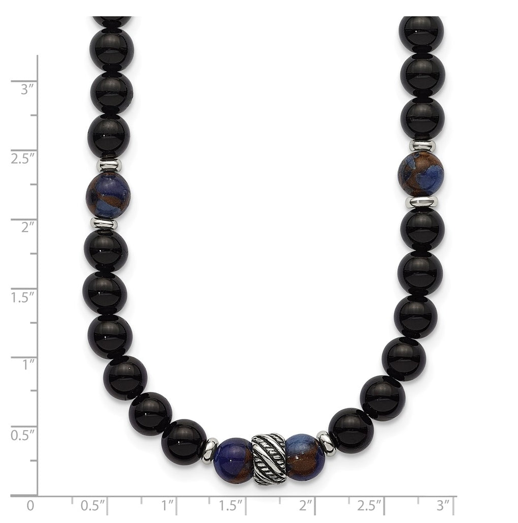 Stainless Steel Polished Antiq Blue Gold/Black Onyx Bead 22in Necklace – Elegant Jewelry Gift for Birthday, Anniversary, Engagement, Wedding