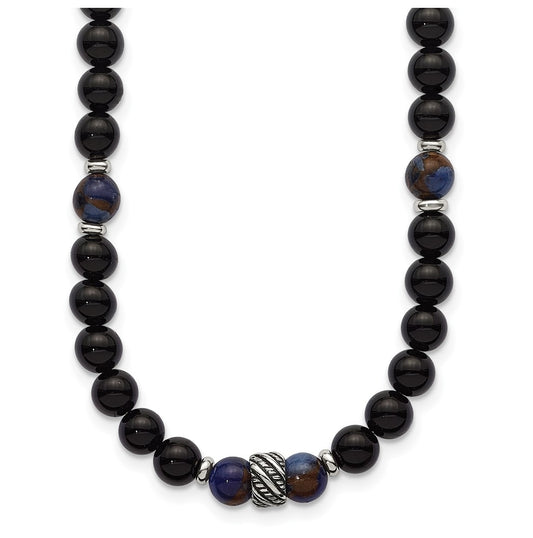 Stainless Steel Polished Antiq Blue Gold/Black Onyx Bead 22in Necklace – Elegant Jewelry Gift for Birthday, Anniversary, Engagement, Wedding