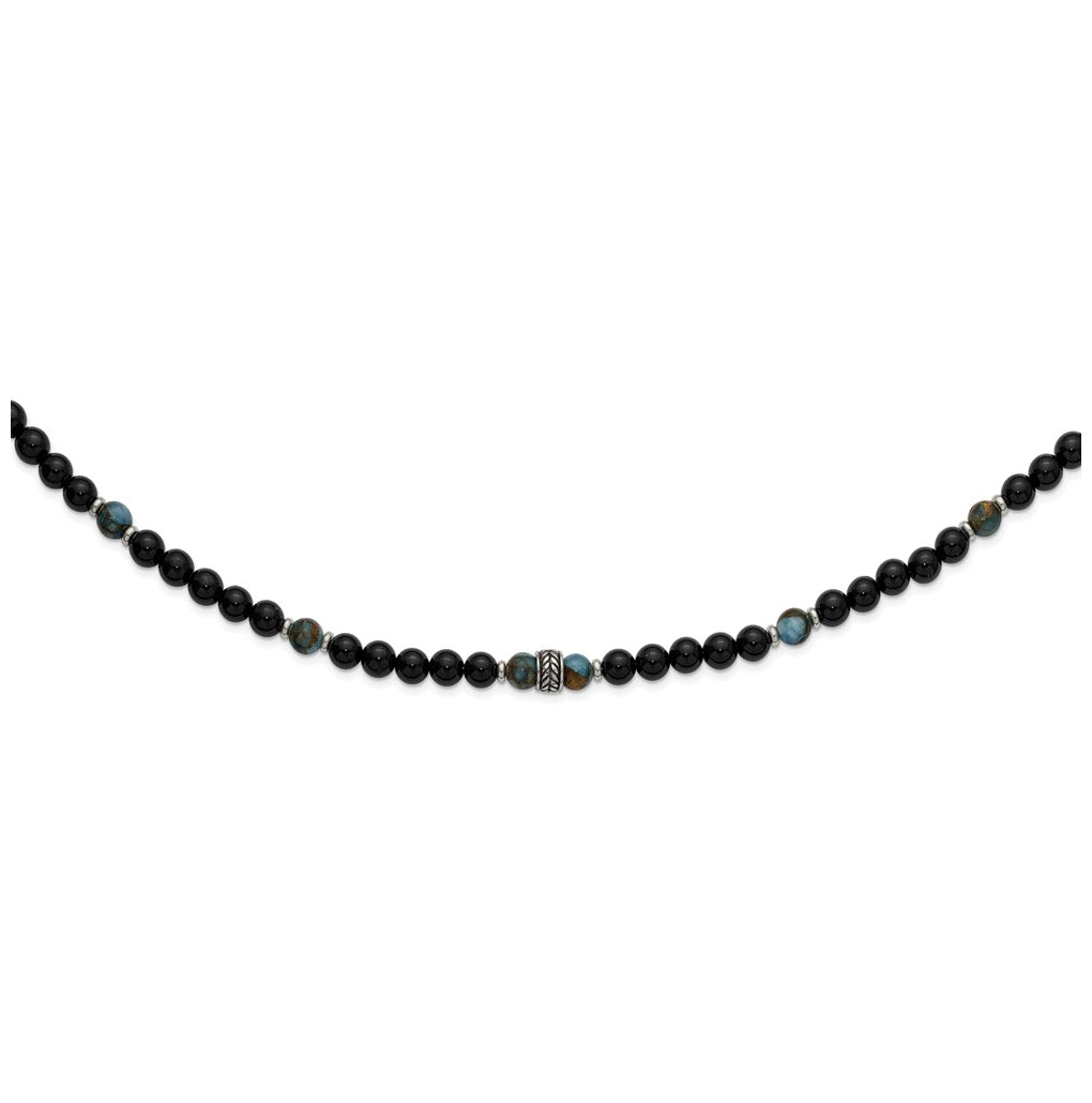 Stainless Steel Polished Antiq Lt Blue Gold/Black Onyx Bead 22in Necklace – Elegant Jewelry Gift for Birthday, Anniversary, Engagement, Wedding