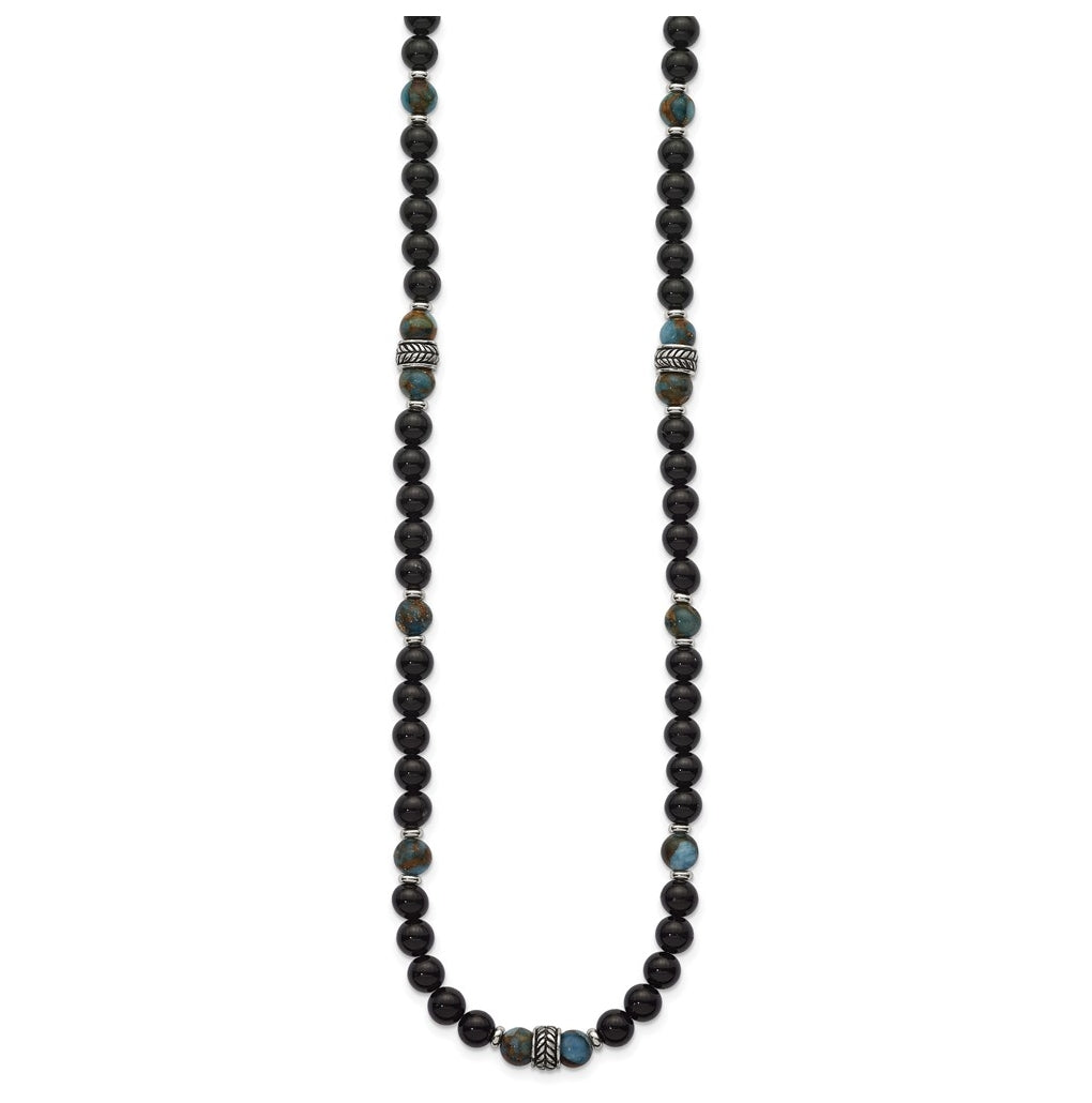 Stainless Steel Polished Antiq Lt Blue Gold/Black Onyx Bead 22in Necklace – Elegant Jewelry Gift for Birthday, Anniversary, Engagement, Wedding