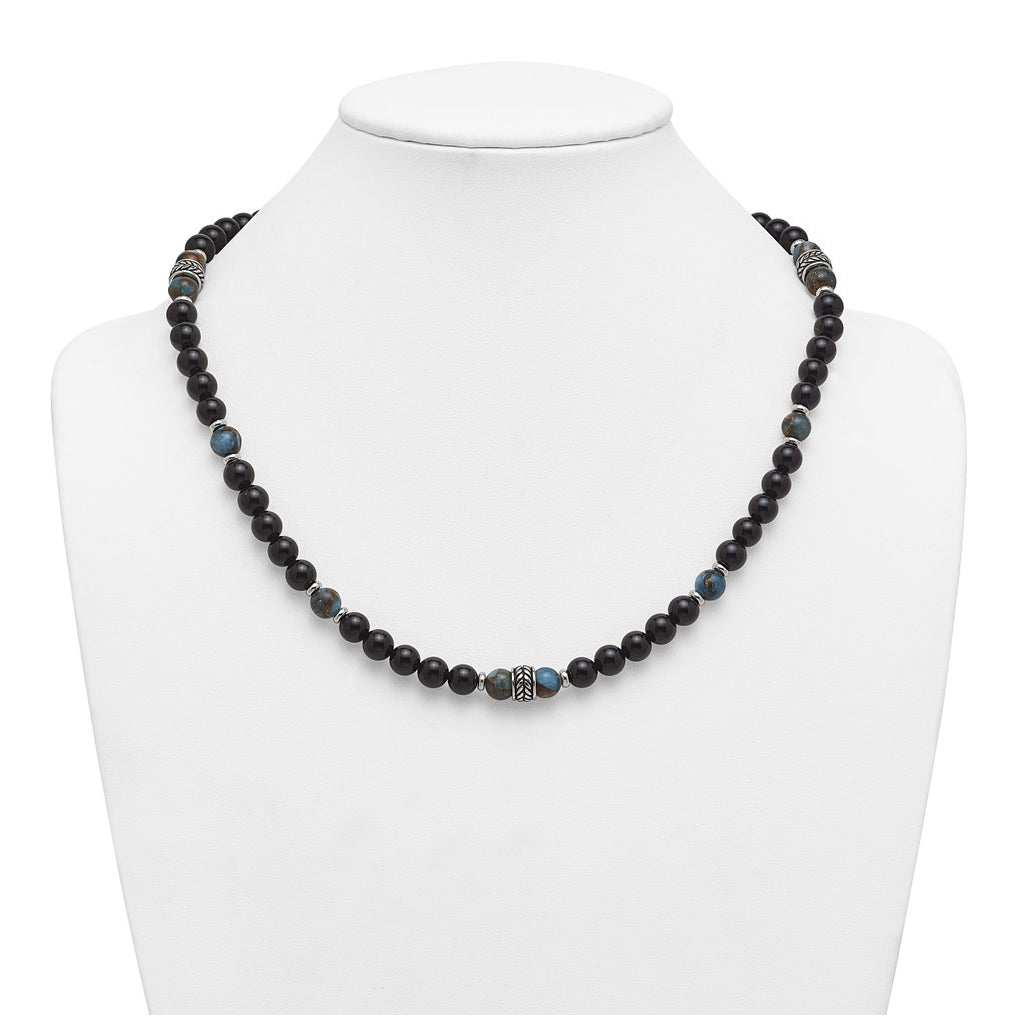 Stainless Steel Polished Antiq Lt Blue Gold/Black Onyx Bead 22in Necklace – Elegant Jewelry Gift for Birthday, Anniversary, Engagement, Wedding