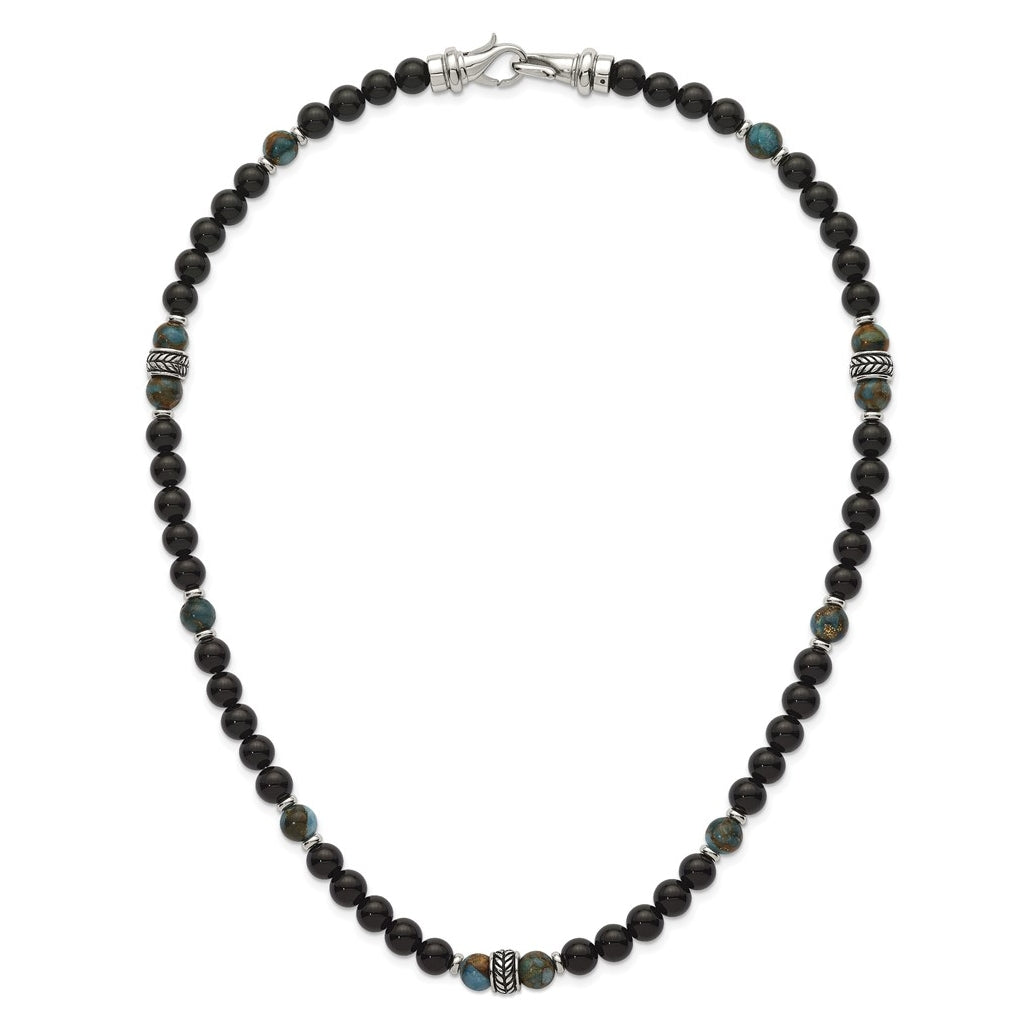 Stainless Steel Polished Antiq Lt Blue Gold/Black Onyx Bead 22in Necklace – Elegant Jewelry Gift for Birthday, Anniversary, Engagement, Wedding
