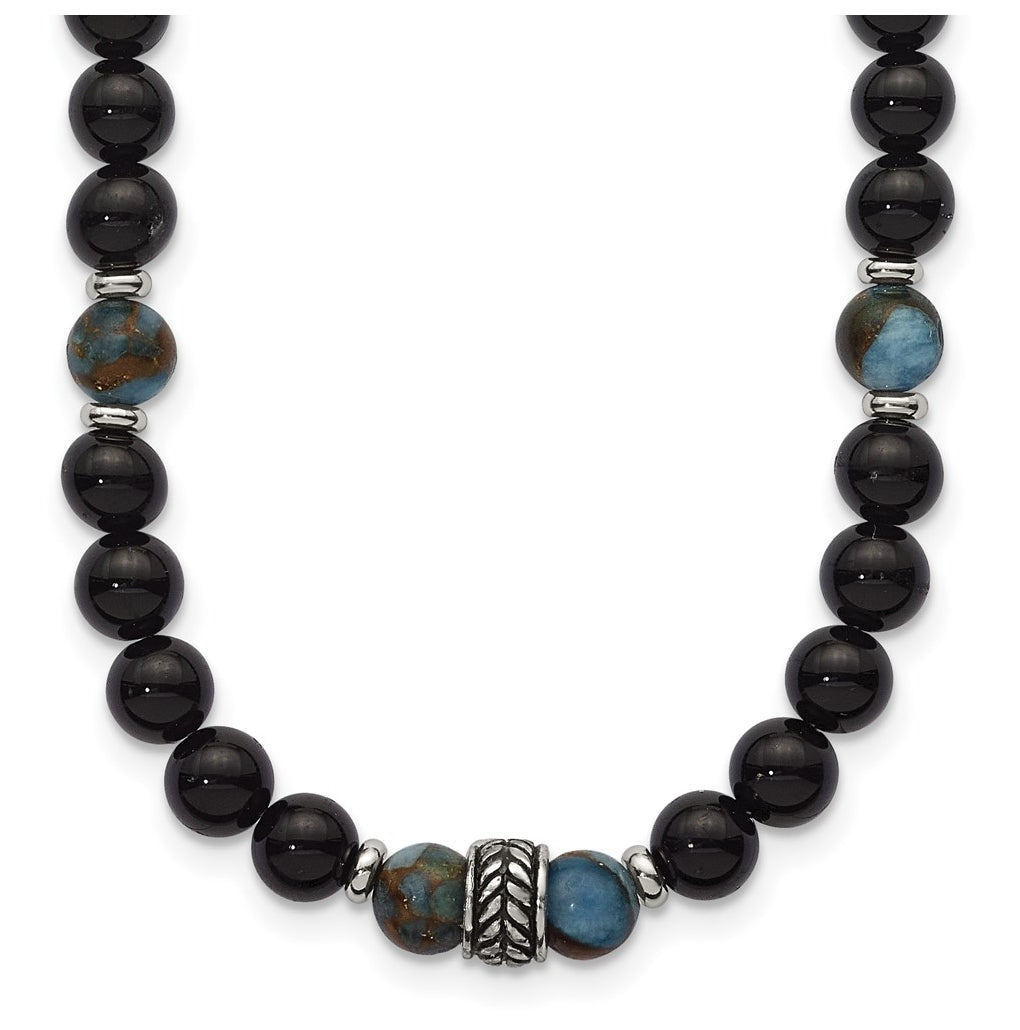 Stainless Steel Polished Antiq Lt Blue Gold/Black Onyx Bead 22in Necklace – Elegant Jewelry Gift for Birthday, Anniversary, Engagement, Wedding