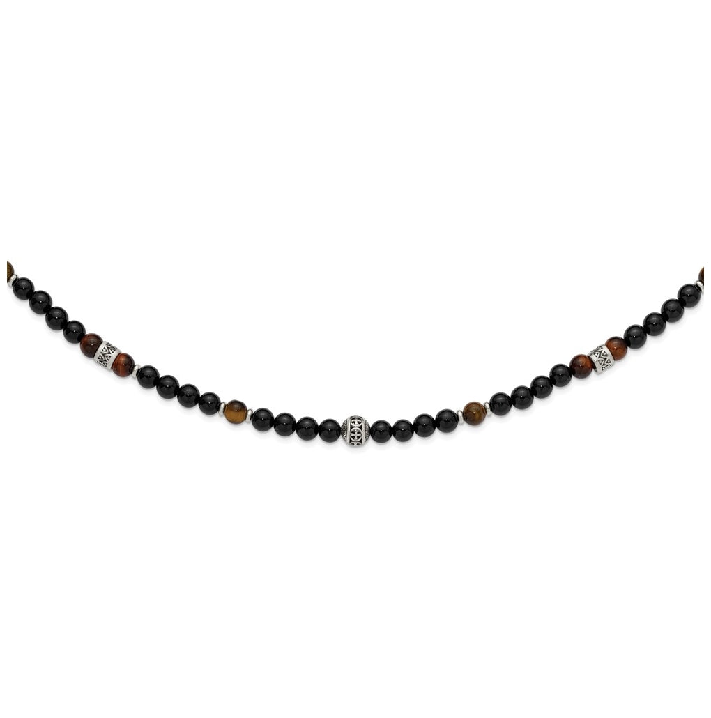 Stainless Steel Polished Tiger's Eye and Black Onyx 22in Necklace – Elegant Jewelry Gift for Birthday, Anniversary, Engagement, Wedding