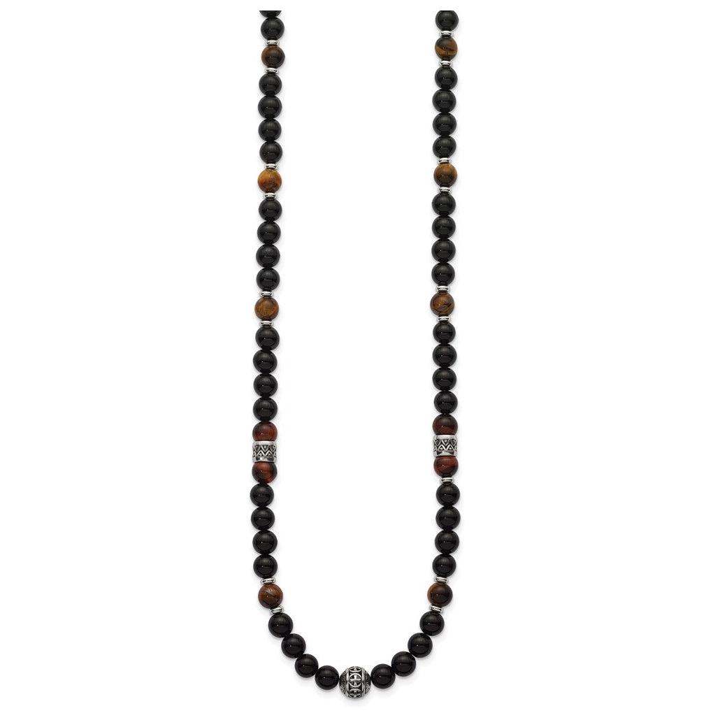 Stainless Steel Polished Tiger's Eye and Black Onyx 22in Necklace – Elegant Jewelry Gift for Birthday, Anniversary, Engagement, Wedding