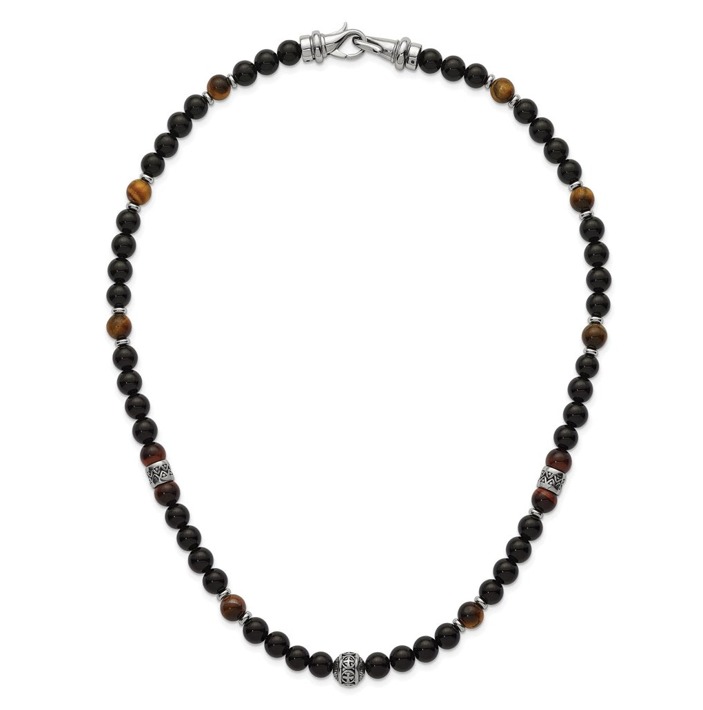 Stainless Steel Polished Tiger's Eye and Black Onyx 22in Necklace – Elegant Jewelry Gift for Birthday, Anniversary, Engagement, Wedding