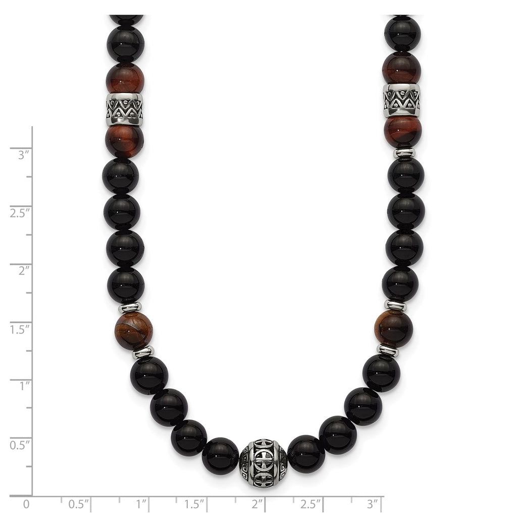 Stainless Steel Polished Tiger's Eye and Black Onyx 22in Necklace – Elegant Jewelry Gift for Birthday, Anniversary, Engagement, Wedding