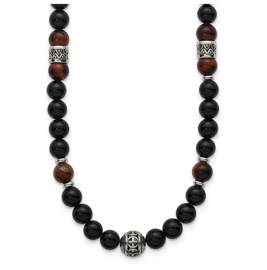 Stainless Steel Polished Tiger's Eye and Black Onyx 22in Necklace – Elegant Jewelry Gift for Birthday, Anniversary, Engagement, Wedding