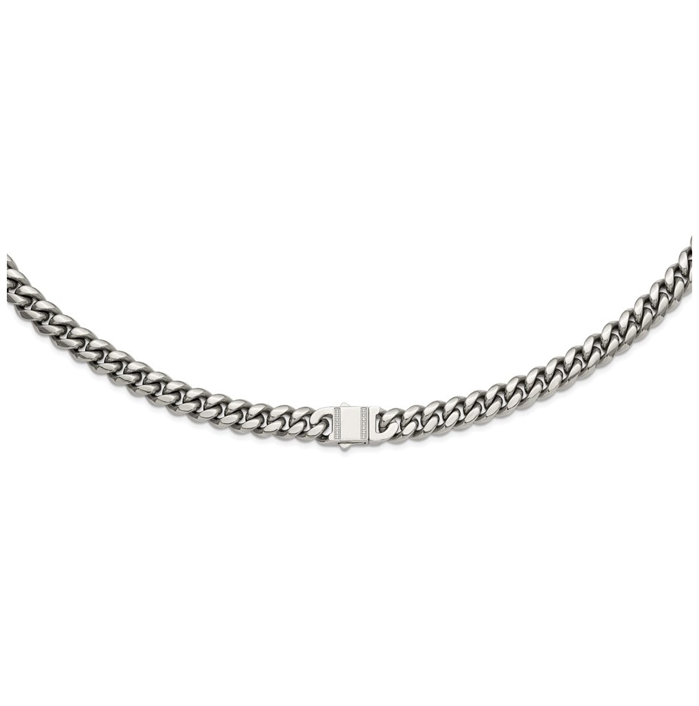 Stainless Steel Polished 12mm Curb Link with Cubic Zirconia Clasp 24in Necklace – Elegant Jewelry Gift for Birthday, Anniversary, Engagement, Wedding