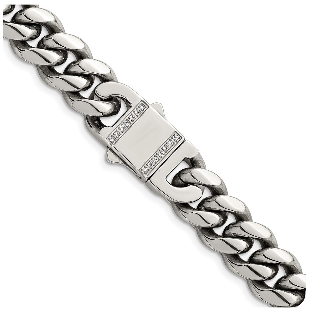 Stainless Steel Polished 12mm Curb Link with Cubic Zirconia Clasp 24in Necklace – Elegant Jewelry Gift for Birthday, Anniversary, Engagement, Wedding