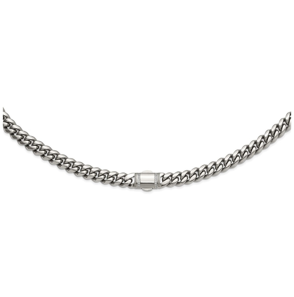 Stainless Steel Polished 12mm Curb Link with Cubic Zirconia Clasp 24in Necklace – Elegant Jewelry Gift for Birthday, Anniversary, Engagement, Wedding
