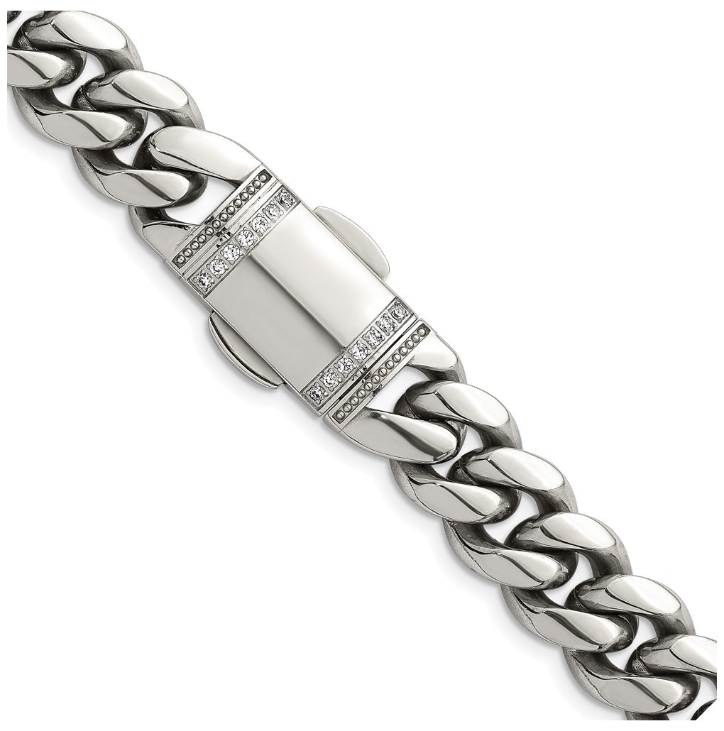 Stainless Steel Polished 12mm Curb Link with Cubic Zirconia Clasp 24in Necklace – Elegant Jewelry Gift for Birthday, Anniversary, Engagement, Wedding