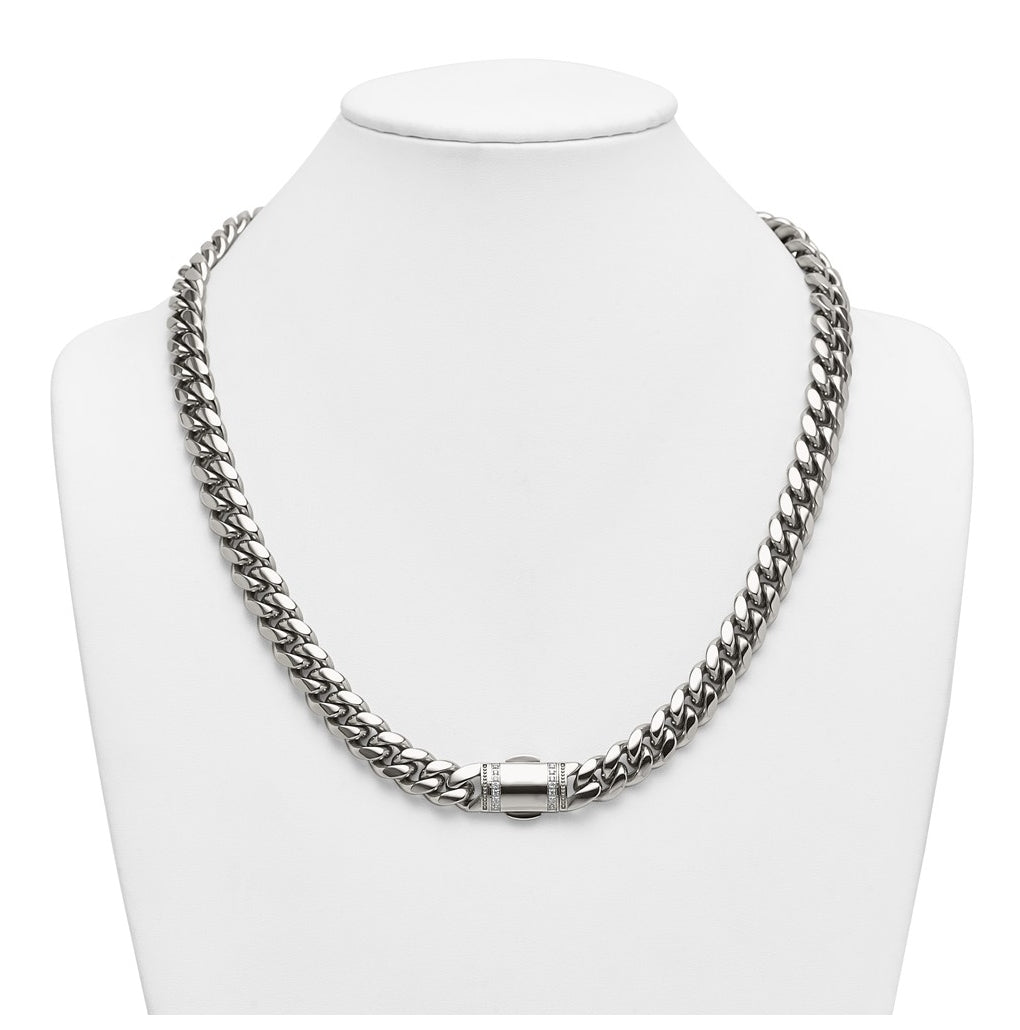 Stainless Steel Polished 12mm Curb Link with Cubic Zirconia Clasp 24in Necklace – Elegant Jewelry Gift for Birthday, Anniversary, Engagement, Wedding