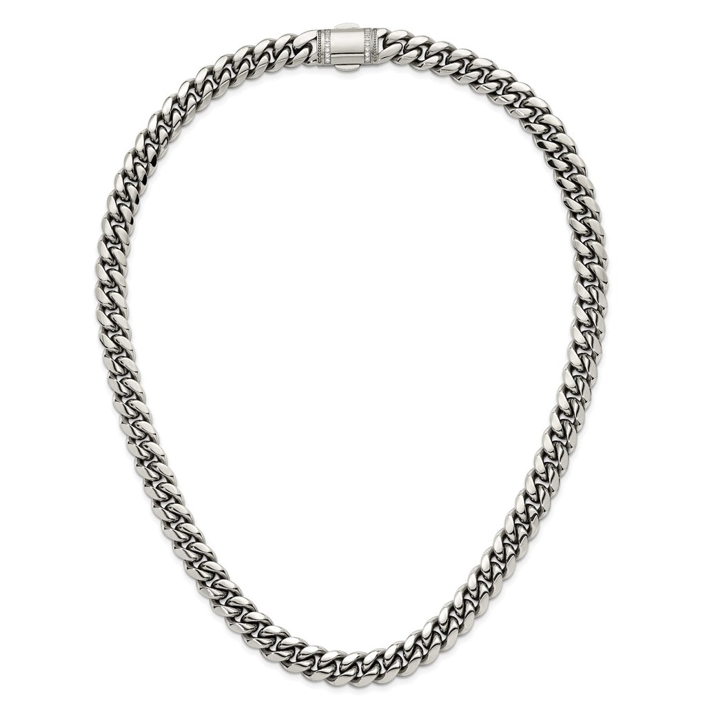 Stainless Steel Polished 12mm Curb Link with Cubic Zirconia Clasp 24in Necklace – Elegant Jewelry Gift for Birthday, Anniversary, Engagement, Wedding
