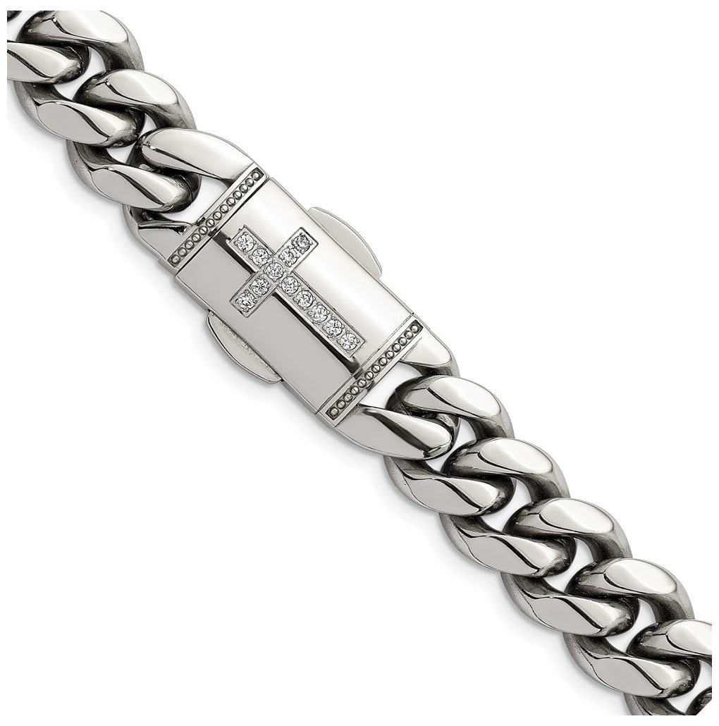 Stainless Steel Polished 12mm Curb Link with Cubic Zirconia Cross Clasp 24in Necklace – Elegant Jewelry Gift for Birthday, Anniversary, Engagement, Wedding