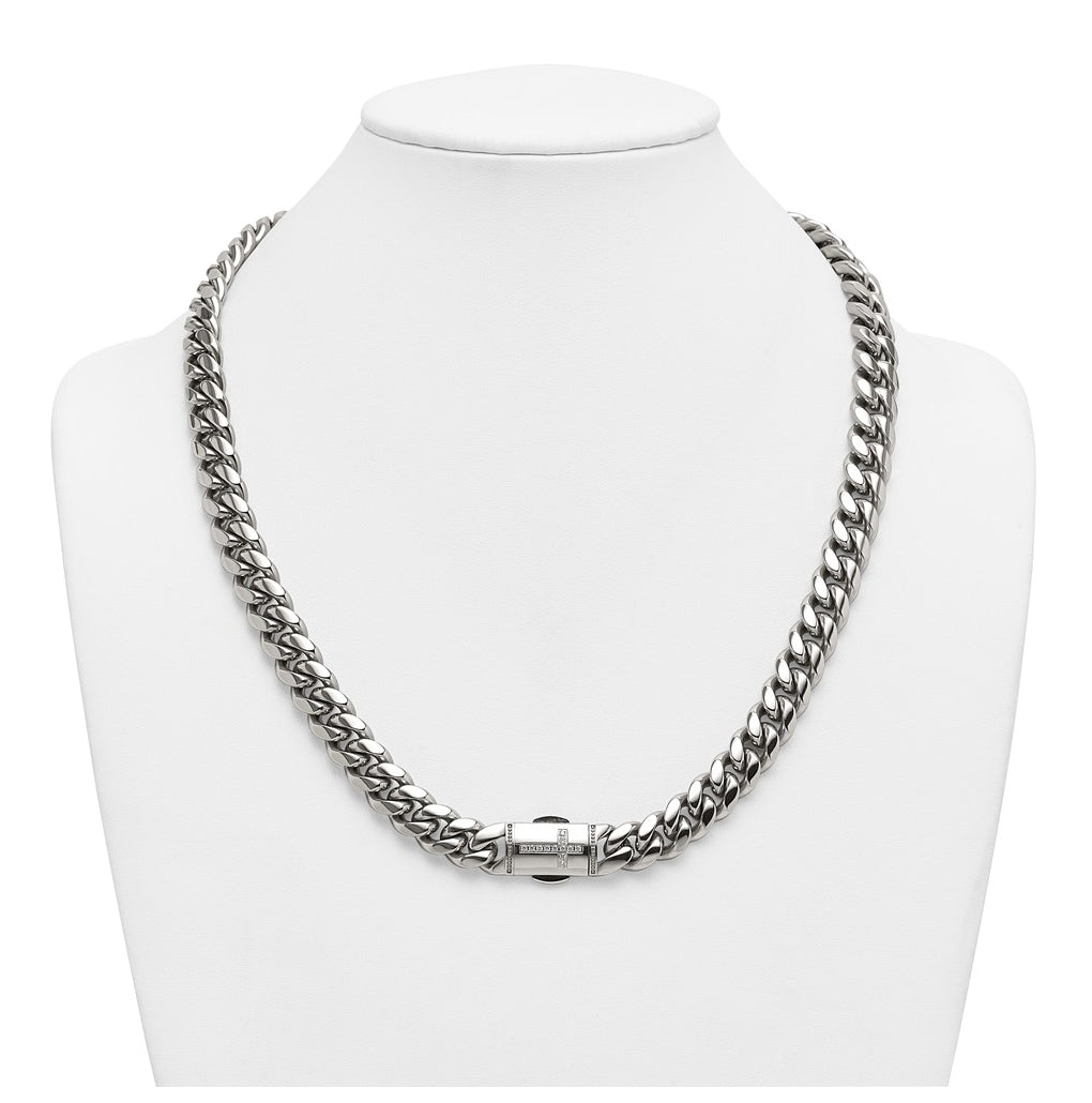 Stainless Steel Polished 12mm Curb Link with Cubic Zirconia Cross Clasp 24in Necklace – Elegant Jewelry Gift for Birthday, Anniversary, Engagement, Wedding