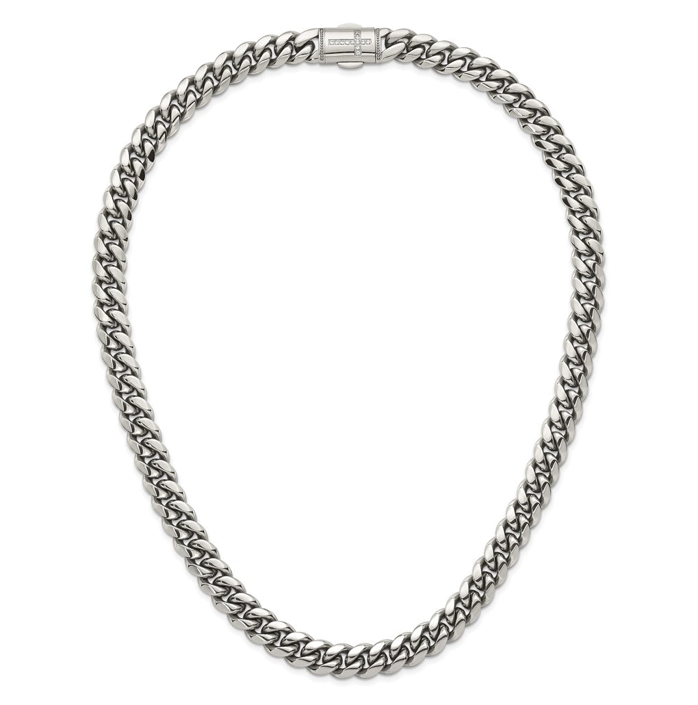 Stainless Steel Polished 12mm Curb Link with Cubic Zirconia Cross Clasp 24in Necklace – Elegant Jewelry Gift for Birthday, Anniversary, Engagement, Wedding